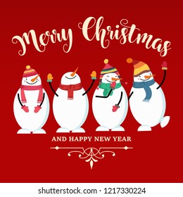 Beautiful flat design Christmas card with snowman and wishes. Christmas poster. Print. Vector