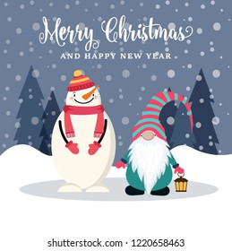 Beautiful flat design Christmas card with snowman and gnome . Christmas poster. Vector