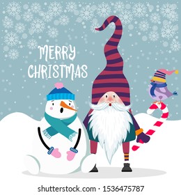 Beautiful flat design Christmas card snowman and gnome . Christmas poster. Vector