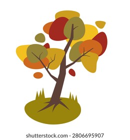 A beautiful flat design digital artwork depicting a stylized autumn tree with a winding trunk, growing on a small circular patch of grass. The foliage features a vibrant seasonal blend of warm yellow, rich orange, deep red, and earthy brown tones, making it perfect for fall holiday graphics, greeting cards, and nature landscape designs.