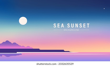 Beautiful flat design illustration of sea sunset landscape with mountains and colorful sky horizon