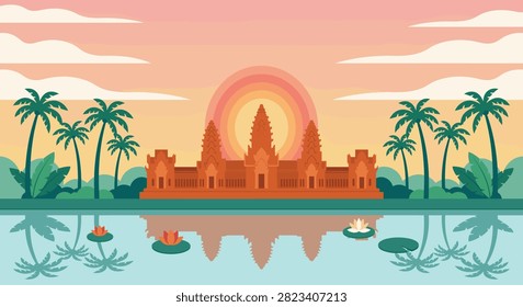 A beautiful flat design landscape featuring the iconic Angkor Wat temple in Cambodia, reflected in a calm pond with lotus flowers and tropical palm trees.