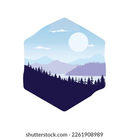 Beautiful flat design landscapes with mountains, hills and forest. Natural theme
