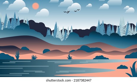 Beautiful flat design natural landscape. A lake among the sandy shores with bushes against the background of hills, forests, sky with the sun, clouds, flying birds. Vector.