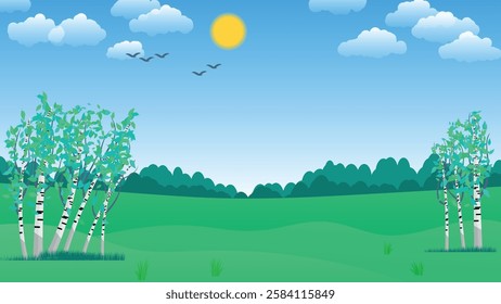 Beautiful flat design natural summer landscape. A beautiful illustration for interior decoration, corporate designs, blogs, postcards, posters and your other projects. Vector. 
