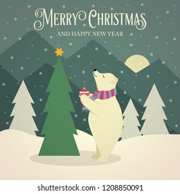 Beautiful flat design retro Christmas card with polar bear that adorns  the Christmas tree. Flat design. Vector