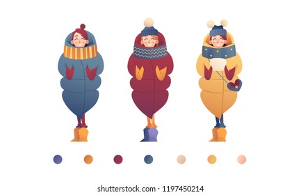 Beautiful flat design set template with vector girl in winter clothes in cartoon style. Christmas banner elements. Beauty woman.
