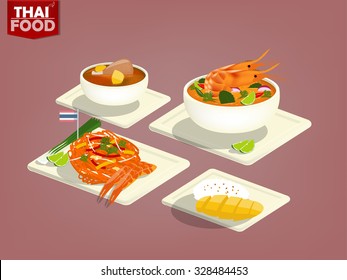 beautiful flat design of Thai food and Thai dessert such as Tom-Yum-Goong,Pad Thai,chicken massaman curry,mango sticky rice