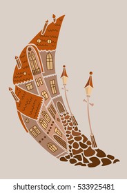 Beautiful Flat in the dream city. Silhouette of fantasy fairy city like a moon shape. Creative vector hand drawing.