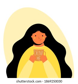 Beautiful flat girl is holding a cup. Cup with words drink me. Banner with smiling female and beverage. Trendy vector illustration. Design template.
