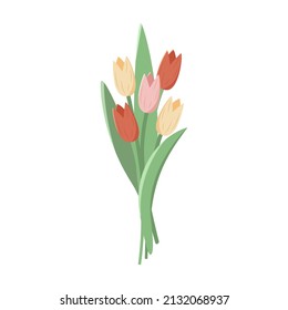 Beautiful flat icon of bouquet tulips or flowers isolated on white background. Spring or summer concept in flat style.