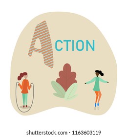 Beautiful flat illustration of an action. Two girls playing. 