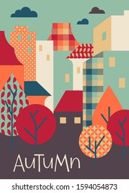 Beautiful flat illustration from the autumn. Design element. Handmade lettering. Patterns. Cozy autumn background. City landscape. Illustration of the fall season. 