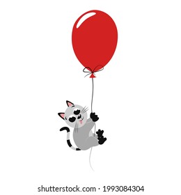 Beautiful flat illustration with cute kitten for nursery decor. Little gray cat flies on red balloon. Original print for birthday gift card, baby shower greetings. Poster design for children's bedroom