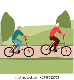 Beautiful flat illustration with happy grandparents in the park on bicycles. Cartoon vector illustration. Aged people. Love vector. green nature.