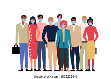 
Beautiful flat illustrations of multiracial masked people on vector background. Cartoon stylish men and women, friends, colleagues. the concept of friendship and cooperation during quarantine.