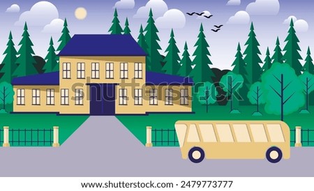 Beautiful flat landscape design. A bus near a school located in a park among lawns, trees against the background of the sky with the sun, clouds, and flying birds. Vector.
