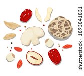 beautiful Flat Lay Food style vector illustration of  ingredient, isolated on white background. Chinese traditional herb. mushroom, red dates, goji berry, chinese yam, lily bulb, lotus seed