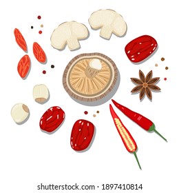 beautiful Flat Lay Food style vector illustration of  ingredient, isolated on white background. Chinese traditional herb. mushroom, red dates, goji berry,lotus seed, red chili, star anise, pepper