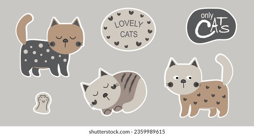 Beautiful flat set with lovely cat stickers for print design. Trendy illustration for print design.