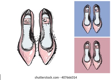 Beautiful flat shoes vector hand drawn fashion sketch. Label with glamour vogue flat shoes. Isolated element on white, pink and blue background. Fashion vector illustration.