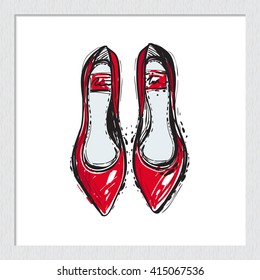 Beautiful flat shoes vector hand drawn fashion sketch. Label with glamour vogue flat shoes. Isolated element on white backdrop in wooden frame. Fashion vector illustration.