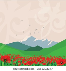 Beautiful flat simple landscape poppy field, mountains, green hills in spring. Vector illustration