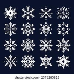 Hermosos copos de nieve planos, copos de nieve de invierno de cristal, formas de nieve navideñas y conjunto de símbolos de iconos fríos congelados