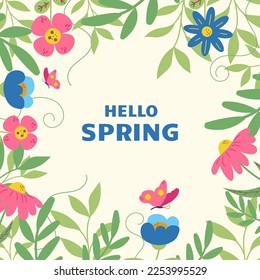 Beautiful flat spring background design with flowers and butterfly. Hello spring