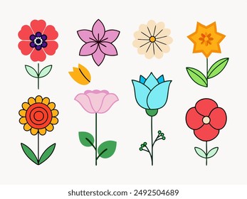 Beautiful Flat Spring and Summer Flower Icons Set Isolated on White Background. Colorful collection of flowers signs and symbols. Vector