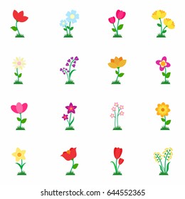 Beautiful Flat Spring and Summer Flower Icons Set Isolated on White Background. Colorful collection of flowers signs and symbols. Vector