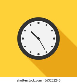 Beautiful flat style clock icon with long shadow on yellow background. Time, speed, haste, accuracy concept. EPS 8 vector illustration, no transparency