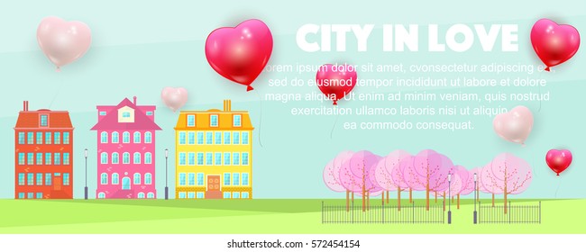 Beautiful flat vector cityscape with houses, sakura trees and realistic flying balloons. Wide colorful spring background.