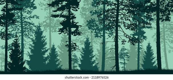 Hermoso paisaje de bosque vectorial plano en colores verdes.