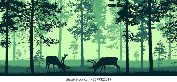 Beautiful flat vector forest landscape with deer in green colors.