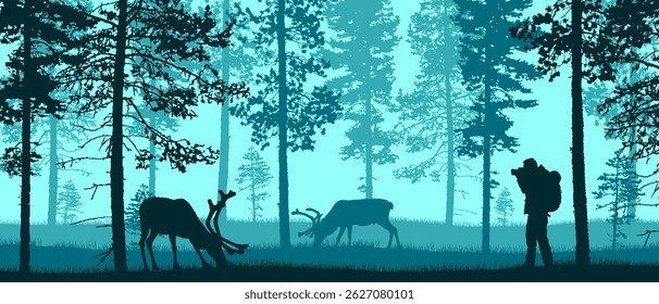 Beautiful flat vector forest landscape with a hiker taking picture of deer in blue colors.
