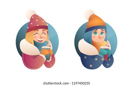 Beautiful flat vector girl in winter clothes in flat cartoon style holds thermal mug with hot drink. Christmas banner elements. Beauty woman.