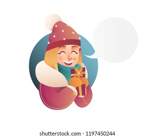 Beautiful flat vector girl in winter clothes in flat cartoon style holds christmas gift. Christmas banner elements. Beauty woman.
