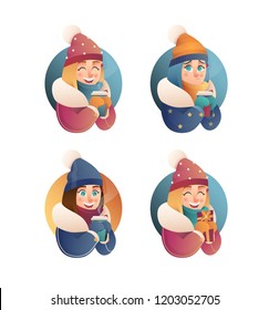 Beautiful flat vector girl in winter clothes in flat cartoon style holds thermal mug with hot drink. Christmas banner elements. Beauty woman.