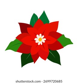 Una hermosa Ilustración vectorial plana de una flor de Navidad de Poinsettia. Con pétalos rojos vibrantes y hojas verdes, este icono aislado es un símbolo clásico de la temporada navideña, para diseños festivos.