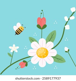 A beautiful flat vector illustration depicts a spring flower in full bloom with a honey bee collecting nectar