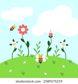 A beautiful flat vector illustration depicts a warm and shady spring meadow adorned with lovely spring flowers and visited by two honey bees