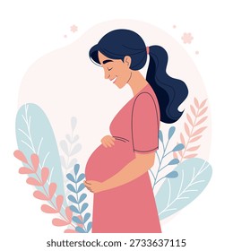 Una hermosa Ilustración vectorial plana de una madre embarazada feliz en un vestido rosa tocando suavemente su vientre embarazada. El personaje está rodeado de hojas pastel estilizadas y Elementos florales, que simbolizan el crecimiento y la naturaleza. Perfecto para la salud de la maternidad, los blogs de la maternidad y los diseños relacionados con el embarazo.