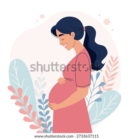 A beautiful flat vector illustration of a happy expectant mother in a pink dress gently touching her pregnant belly. The character is surrounded by stylized pastel leaves and floral elements, symbolizing growth and nature. Perfect for maternity health, motherhood blogs, and pregnancy-related designs.