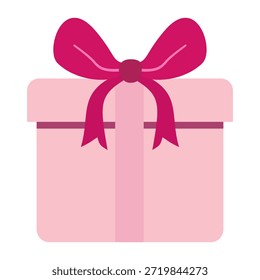 Hermosa Ilustración vectorial plana de caja de regalo rosa. Adornado con un Grande arco magenta, icono aislado para cumpleaños, día de San Valentín, días festivos, celebración especial.