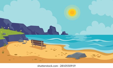 A beautiful, flat vector illustration of a scenic ocean beach coast. Features a golden sand shoreline with a wooden bench and scattered rocks, bordered by a green grassy hill and dark rocky cliffs in the background. Calm blue sea waves roll onto the shore under a bright sunny sky filled with soft clouds. Perfect as a travel banner background, educational graphic, or motion animation backdrop.