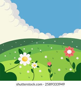 A beautiful flat vector illustration showcases a scenic green grass field adorned with a variety of vibrant spring flowers