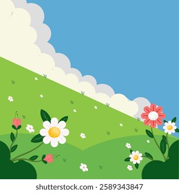 A beautiful flat vector illustration showcases a scenic green grass field adorned with a variety of vibrant spring flowers