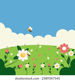 A beautiful flat vector illustration showcases a scenic green grass field adorned with a variety of vibrant spring flowers