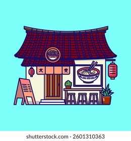 A beautiful flat vector illustration of a traditional Japanese ramen shop with a curved roof, hanging lanterns, and outdoor seating. This charming and colorful design is perfect for food-related.
